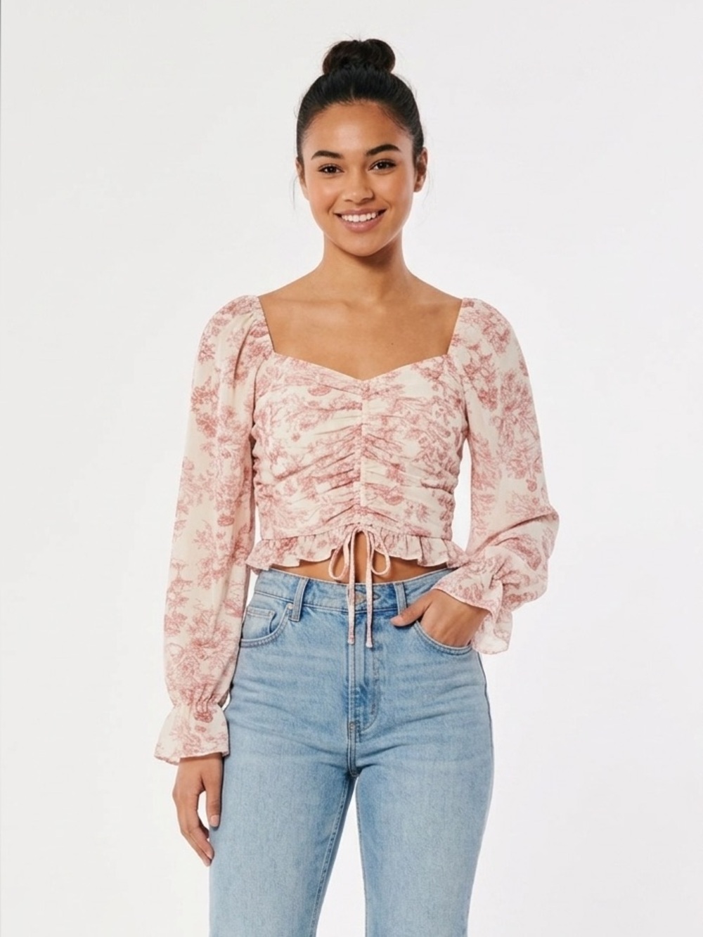 Milk & Honey Floral Cropped Blouse Smocked & Ruched garden chic French Size M
